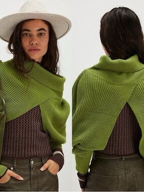 FREE PEOPLE Lena Turtleneck Bolero Green Ribbed Sweater Top